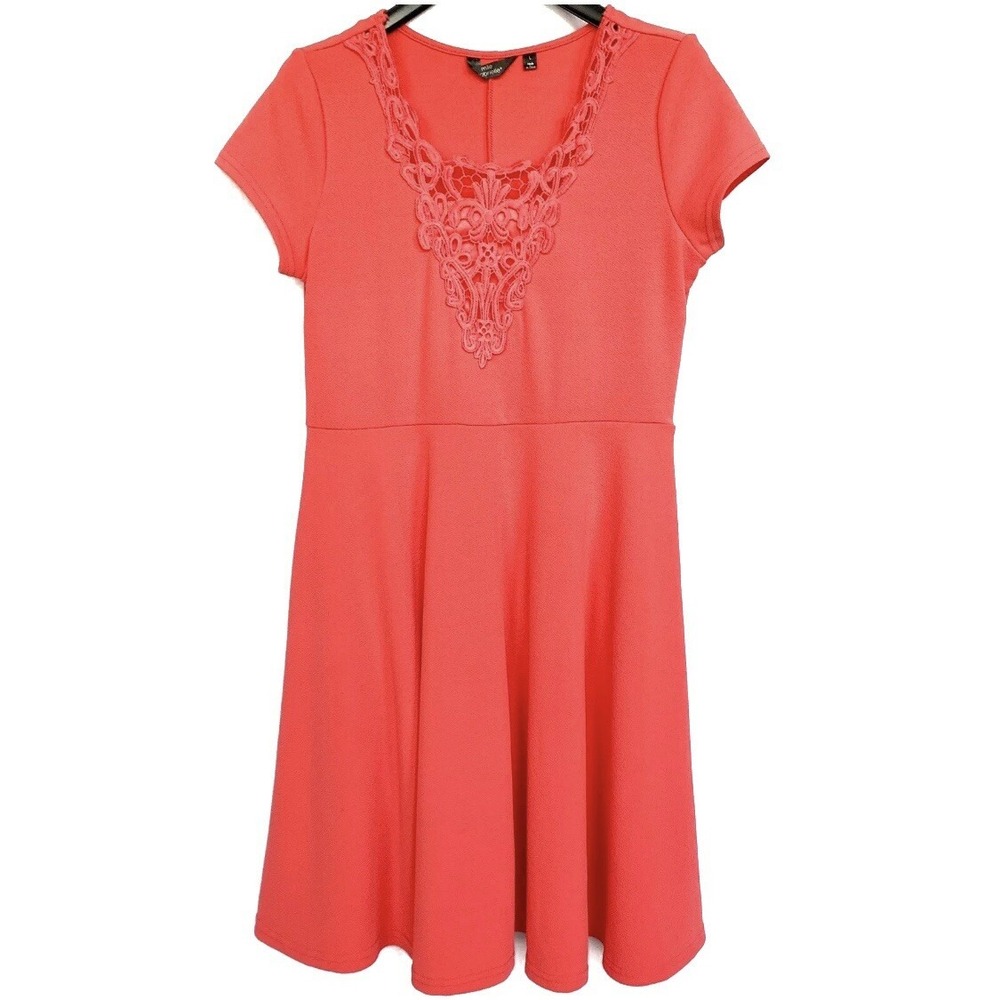 Mlle Gabrielle Skater Dress Women Large Coral Pink Lace V-Neck Textured Exc